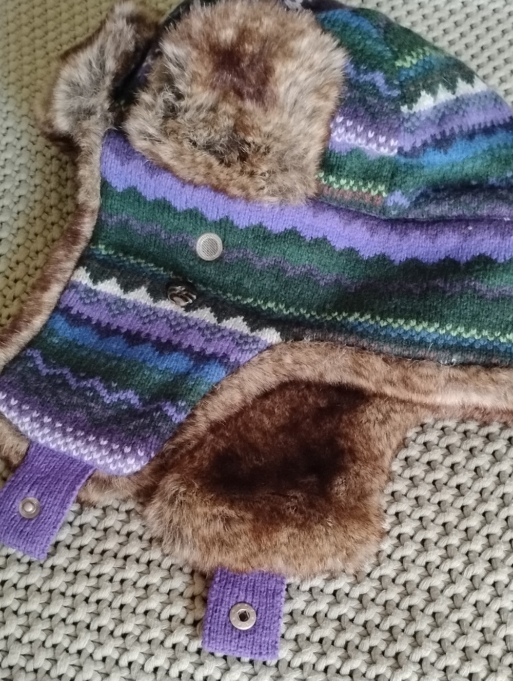 Eddie Bauer Purple & Green Knit Trapper Hat with Brown Faux Fur